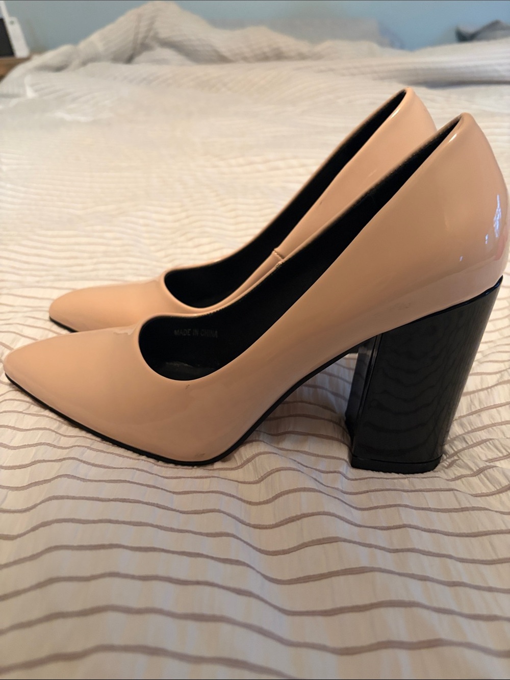 Nude Patent Pointed Block Heel Pumps
